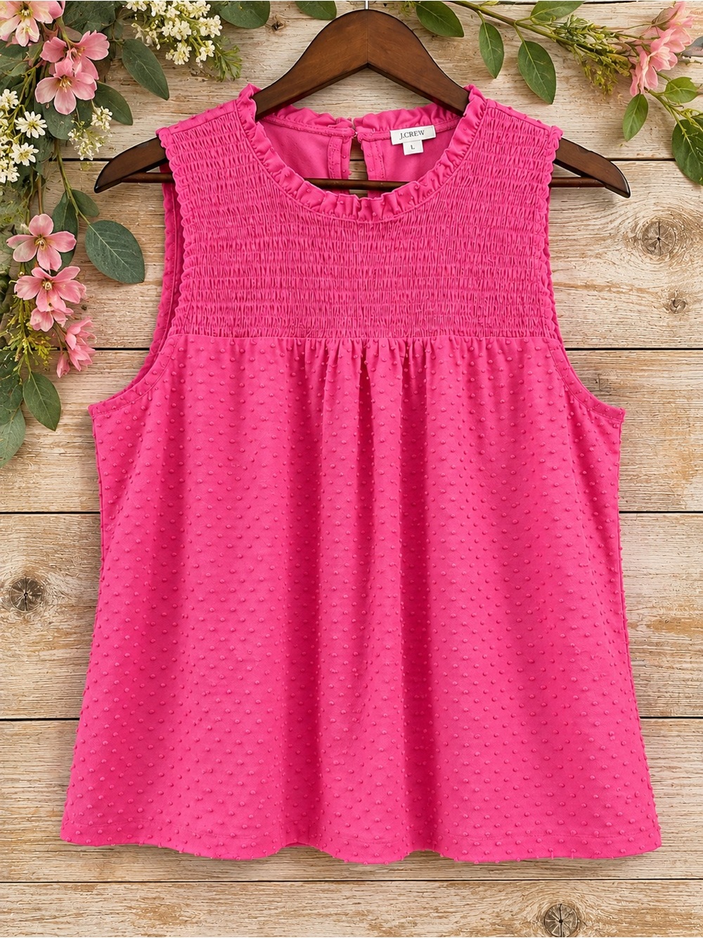 J.Crew XL Pink Swiss Dot Smocked Sleeveless Ruffle Top